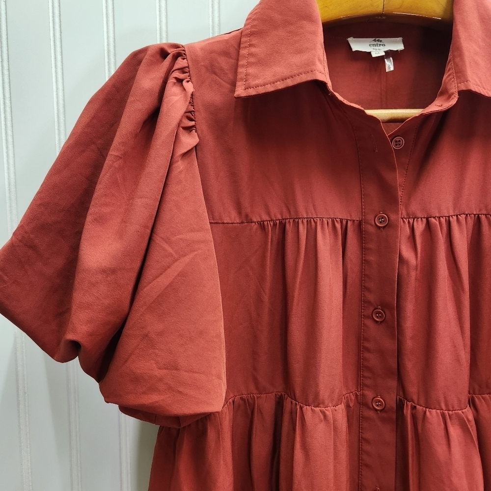 Entro Auburn Cottagecore Boho Puff Sleeve Botton Up Mini Dress Size M. - Picture 4 of 14